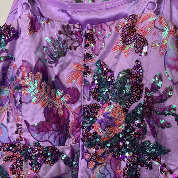 Boston Proper Embroidered Sequin Mesh Ruffle Slit Midi Dress Sz 14 - Picture 7 of 8